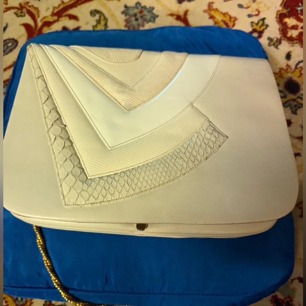 Judith Leiber White Clutch with Textured Chevron Design